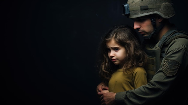 Portret van een soldaat en een klein meisje op een zwarte achtergrond