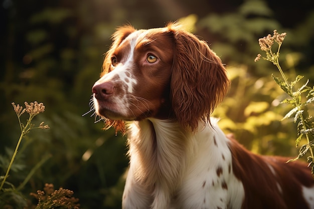 Portret van een spanielhond vanaf de zijkant verlicht door zonnig tegenlicht