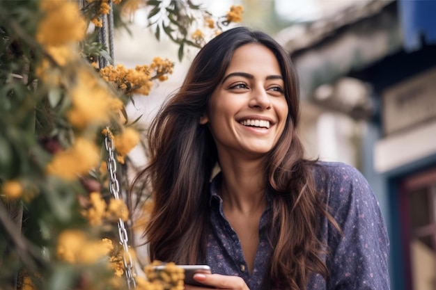 Portret van een stadsvrouw die lacht met haar smartphone