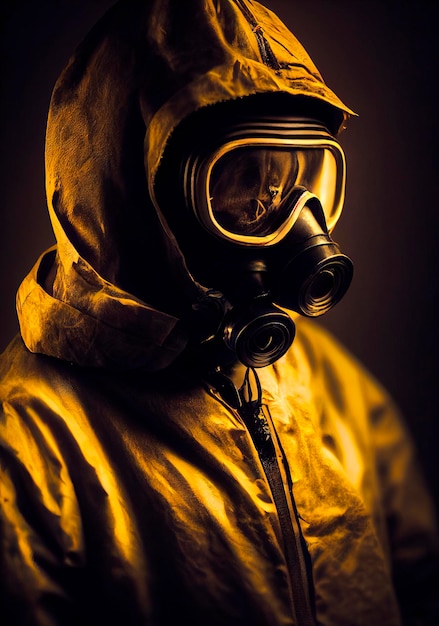 Portret van een stalker-overlevende in hazmat en met een oud gasmasker op