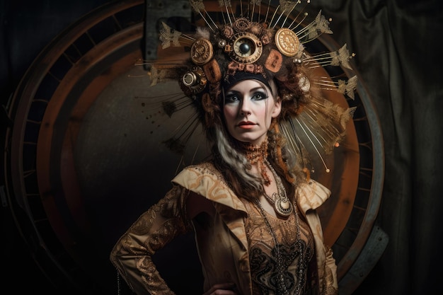 Portret van een Steampunk Circus-koningin met een dramatische hoofdtooi en een uitgebreide jurk