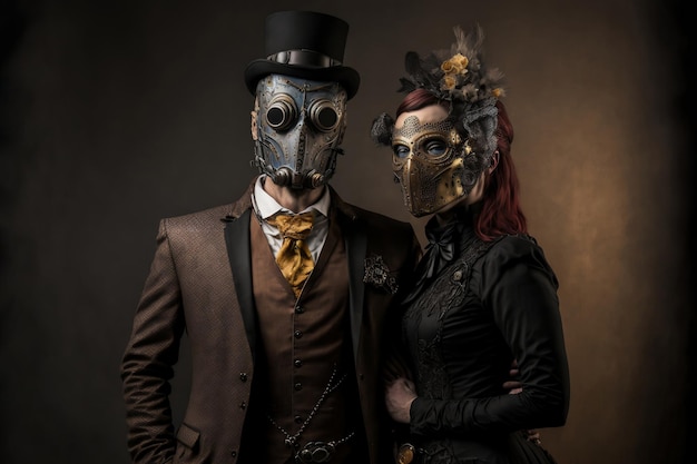 Foto portret van een stel in steampunk-kleding en maskers generatieve ai