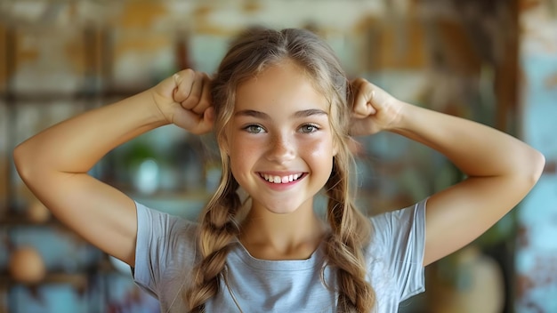 Foto portret van een sterk en gezond jong blank meisje glimlachend en flexibel spieren concept sterkte gezondheid fitness portret vertrouwen