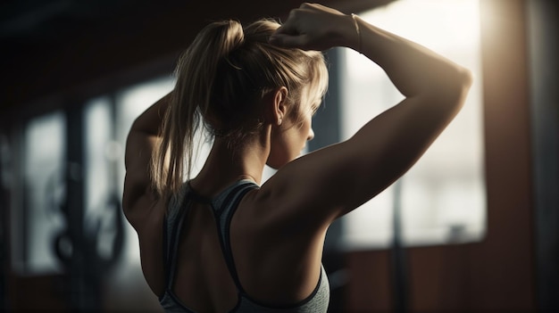 Portret van een sterke en fitte jonge vrouw die aan het trainen is in een sportschool