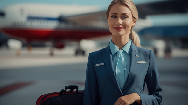 Portret van een stewardess tegen de achtergrond van een passagiersvliegtuig