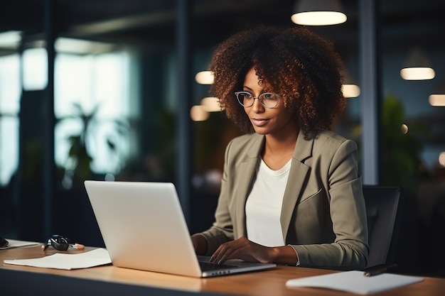 Portret van een stijlvol zakenmanmeisje dat op een laptop werkt