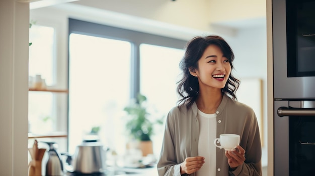 Portret van een stijlvolle aziatische vrouw die in de keuken staat met een mok die koffie drinkt en iets laat zien