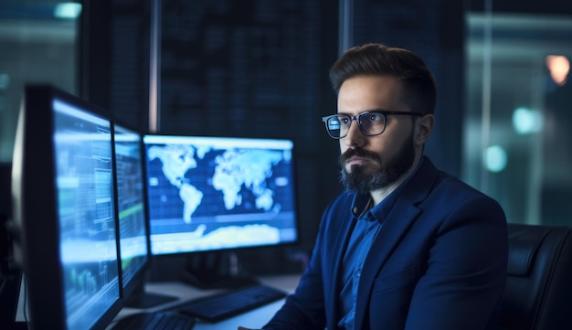 Foto portret van een stijlvolle informatiebeveiligingsanalist die voor meerdere computerschermen zit