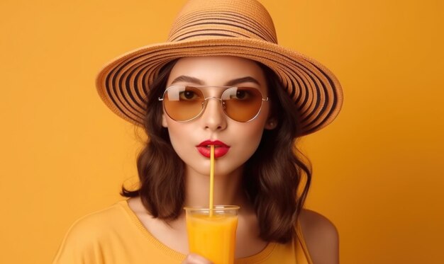 Foto portret van een stijlvolle jonge vrouw die vers sap drinkt en een zomerse strohoed-zonnebril draagt, generatieve ai