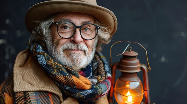 Foto portret van een stijlvolle oudere man met een baard, een hoed, een bril en een kleurrijke sjaal met een l