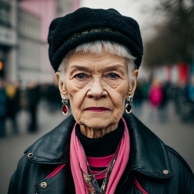 Portret van een stijlvolle oudere vrouw met roze haar op een straat in de stad