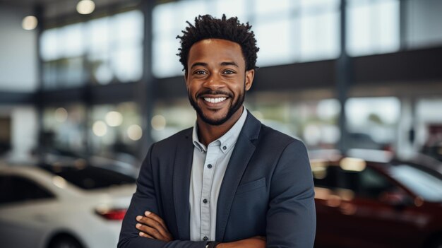 Portret van een succesvolle Afro-Amerikaanse zakenman die glimlacht in een autodealer