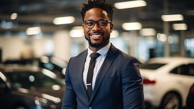 Portret van een succesvolle Afro-Amerikaanse zakenman in een pak en stropdas glimlachend in een autodealer