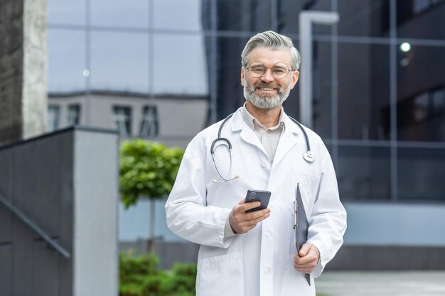 Portret van een succesvolle arts, een oudere grijsharige man in een witte jas die buiten de kliniek staat