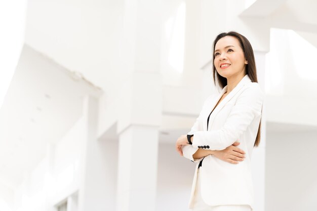 Portret van een succesvolle Aziatische zakenvrouw van middelbare leeftijd die naar de camera glimlacht