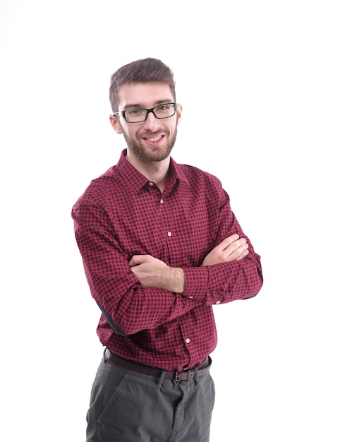 Portret van een succesvolle jonge man met een bril geïsoleerd op wit