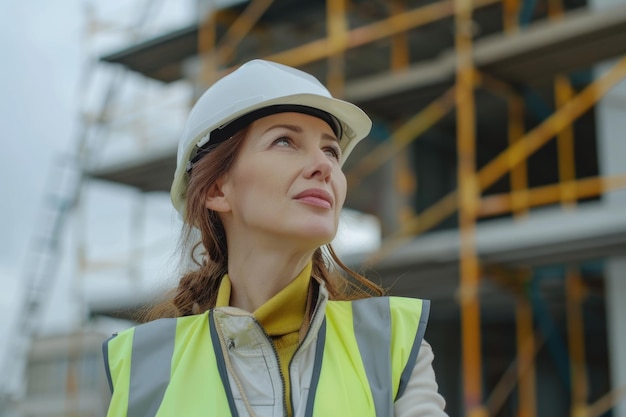 Portret van een succesvolle vrouwelijke bouwer en architect op de bouwplaats