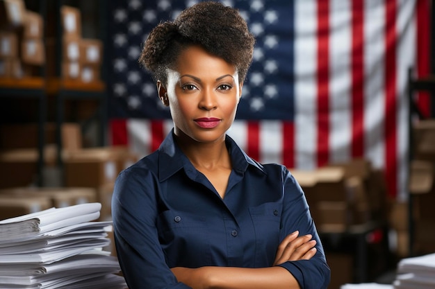 Portret van een succesvolle zelfverzekerde zwarte zakenvrouw die tegen de Amerikaanse vlag staat Labor Day Concept