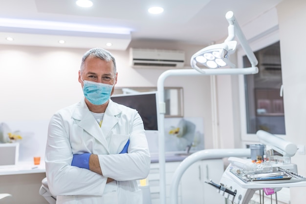 Portret van een tandarts in masker tijdens de tandchirurgie.