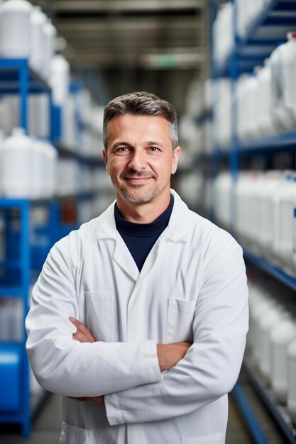 portret van een technologen die in een chemische fabriek staat en de productie van wasmiddel controleert