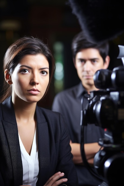 portret van een televisiereporter met haar cameraman terwijl ze een met generatieve ai gemaakt interview filmen