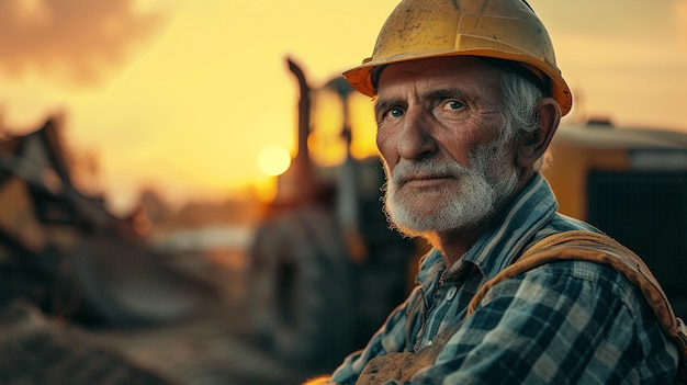 Portret van een tevreden bouwplaatsmanager met een veiligheidsvest en een blauwe helm