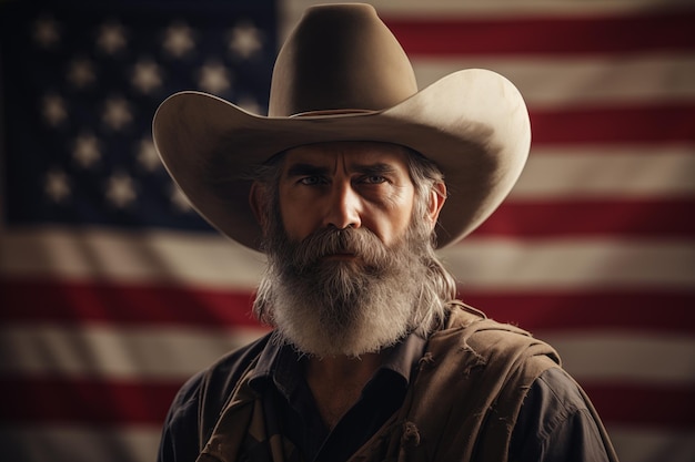 Portret van een Texaanse man met een hoed op de achtergrond de Amerikaanse vlag