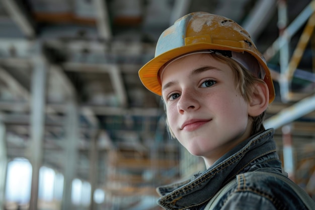 Portret van een tienerjongen met een hardhat die op de bouwplaats staat en naar de camera kijkt