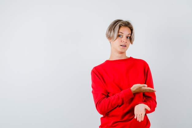 Portret van een tienerjongen met een welkom gebaar in een rode trui en een zacht vooraanzicht