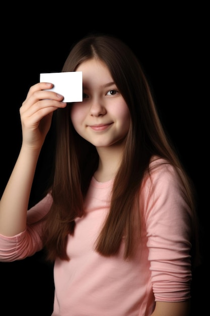 Portret van een tienermeisje dat een blanco kaart omhoog houdt, gemaakt met generatieve AI