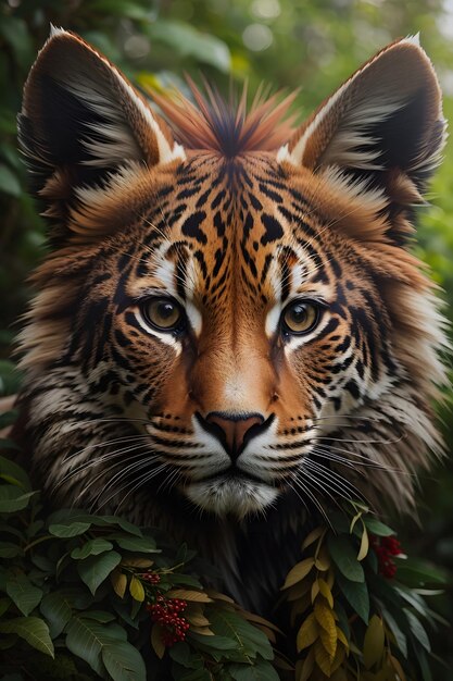 Portret van een tijger die kleding draagt van een inheemse stam in de jungle