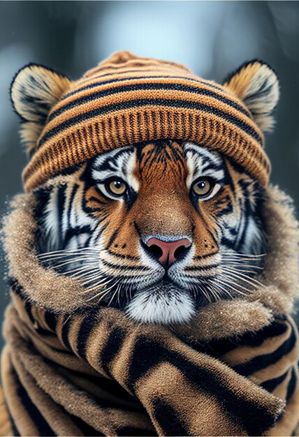 Portret van een tijger in een hoed en sjaal gegenereerd door AI