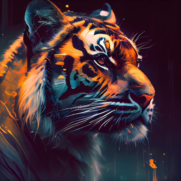 Portret van een tijger op een donkere achtergrond Digitaal schilderen