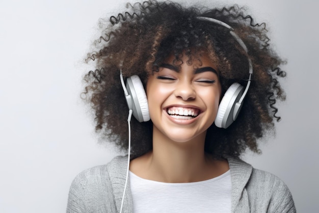 portret van een trendy zeer mooie Afro-Amerikaanse jonge vrouw die koptelefoon draagt en naar muziek luistert