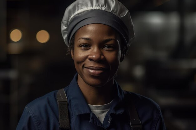 portret van een trotse vrouwelijke medewerker van een voedselfabriek die naar de camera glimlacht