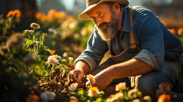 Portret van een tuinier die in de tuin werkt en bloemen plant in de voortuin