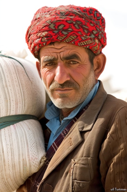 Foto portret van een turkmeense man die een traditionele rode hoed met patroon draagt