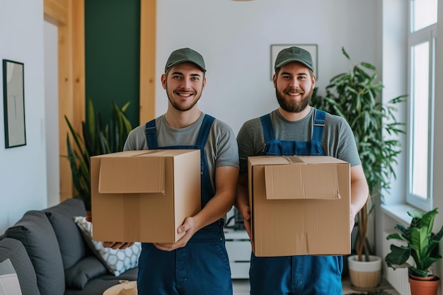 Portret van een twee jonge mannelijke gelukkige glimlachende werknemer van de verhuisdienst in het algemeen staande in de woonkamer van het nieuwe huis met kartonnen dozen in de handen en op zoek naar vrolijkheid bij de camera