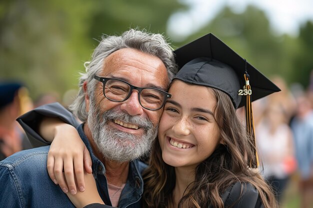 Portret van een vader die zijn afgestudeerde dochter knuffelt op de dag van haar afstuderen met een prachtige wazige achtergrond en ruimte voor tekst of product