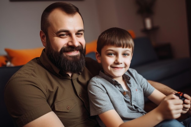 Portret van een vader en zoon die thuis samen tijd doorbrengen, gemaakt met generatieve AI
