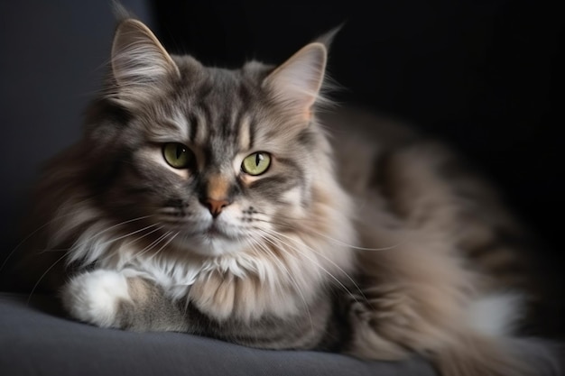 Portret van een veelkleurige rasechte kitten van een Siberische kat die op een grijze bank ligt