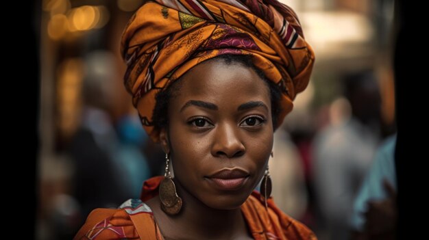 Portret van een verbluffend glamoureus meisje dat traditioneel headwrap-kostuum ai generatief draagt