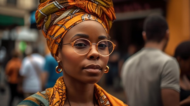 Portret van een verbluffend glamoureus meisje dat traditioneel headwrap-kostuum ai generatief draagt