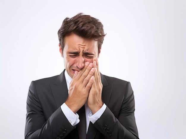 Portret van een verdrietige huilende man in een zakenpak ongelukkige jonge man