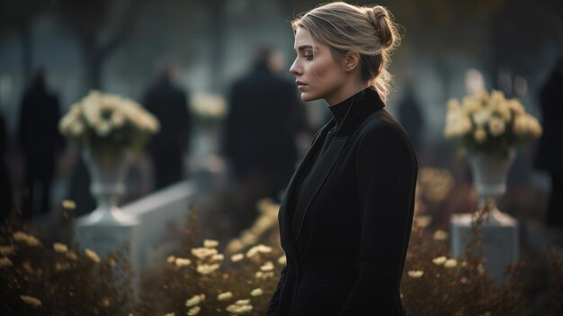 Portret van een verdrietige mooie blonde vrouw in een zwarte jas op de achtergrond van de begraafplaats Mour