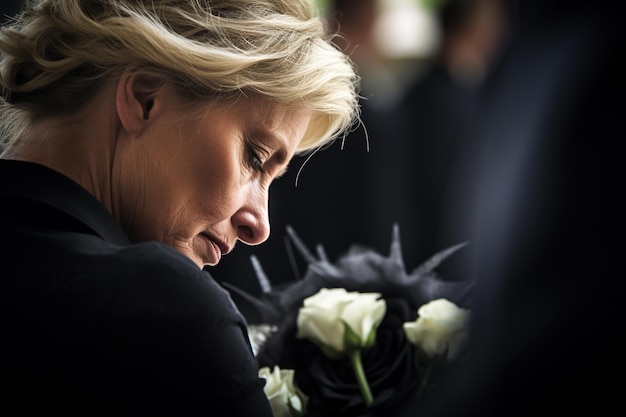 Foto portret van een verdrietige vrouw met een begrafenisboeket bloemen