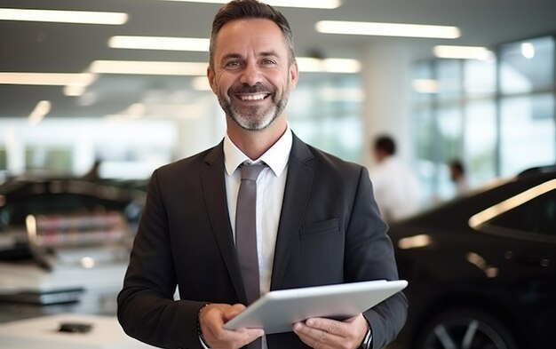 Portret van een verkoper in een autoshowroom die een tablet vasthoudt en naar de camera lacht