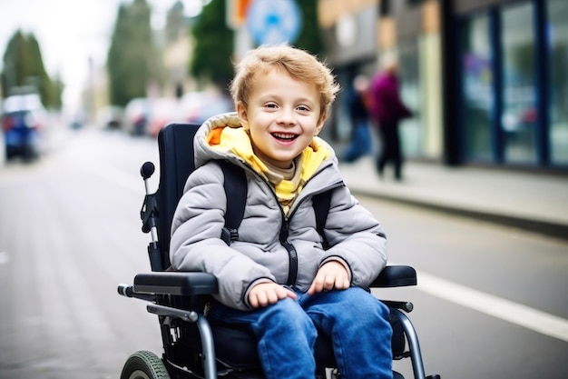 Portret van een verlamde jongen op een stadsstraat in een herfstjasje