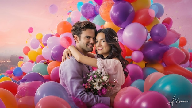 Portret van een verliefd stel met kleurrijke ballonnen