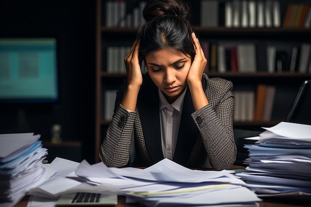 Portret van een vermoeide jonge Indiase zakenvrouw die met belastingdocumenten in het kantoor werkt